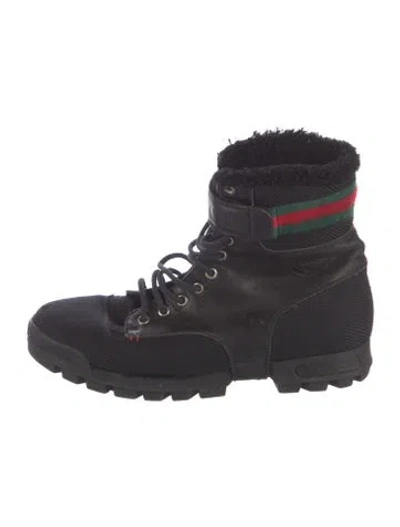 Pre-owned Gucci Web Accent Leather Combat Boots In Blue