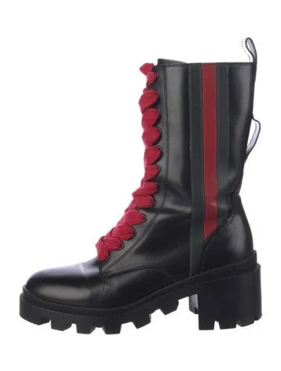 Pre-owned Gucci Web Accent Leather Combat Boots In Multi