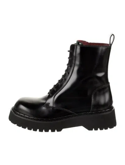Pre-owned Gucci Web Accent Leather Combat Boots W/ Tags In Black