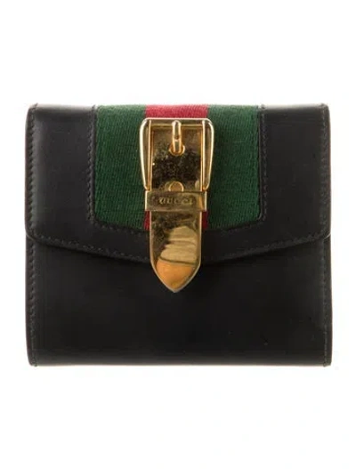 Pre-owned Gucci Web Accent Leather Compact Wallet In Black