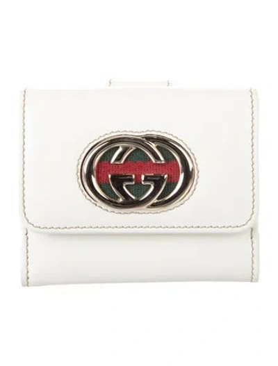 Pre-owned Gucci Web Accent Leather Compact Wallet In White