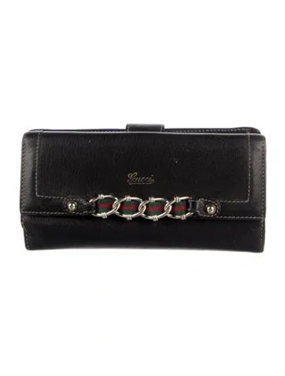 Pre-owned Gucci Web Accent Leather Continental Wallet In Black