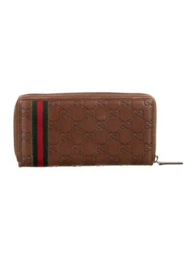 Pre-owned Gucci Web Accent Leather Continental Wallet In Brown