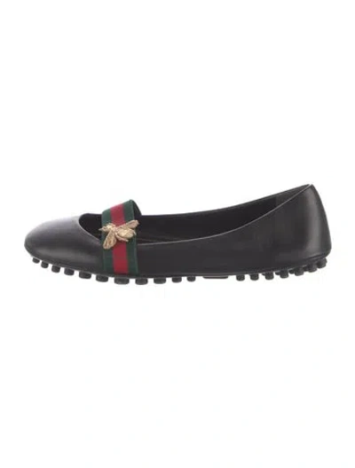 Pre-owned Gucci Web Accent Leather Flats In Black