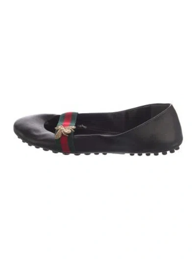 Pre-owned Gucci Web Accent Leather Flats In Black