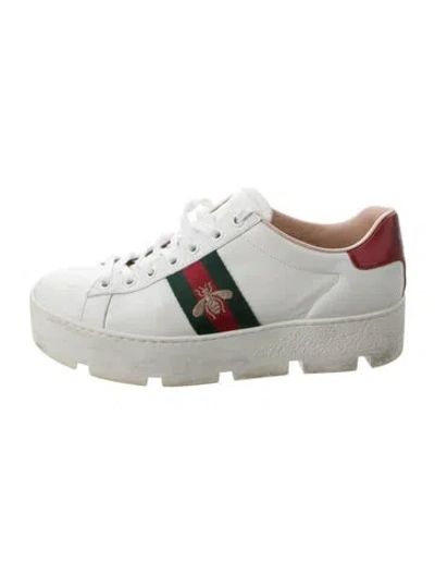 Pre-owned Gucci Web Accent Leather Flats In White