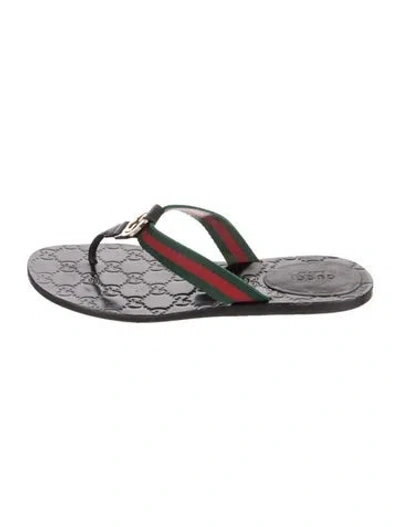 Pre-owned Gucci Web Accent Leather Flip Flops In Black