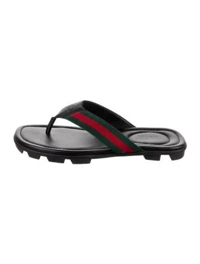 Pre-owned Gucci Web Accent Leather Flip Flops In Black