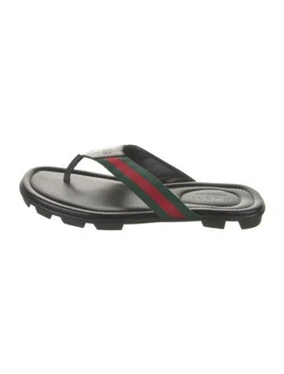 Pre-owned Gucci Web Accent Leather Flip Flops In Black