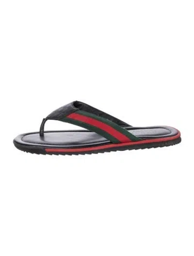 Pre-owned Gucci Web Accent Leather Flip Flops In Black