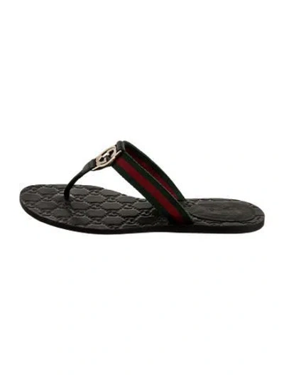 Pre-owned Gucci Web Accent Leather Flip Flops In Black