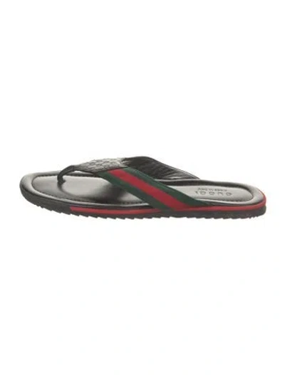 Pre-owned Gucci Web Accent Leather Flip Flops In Black