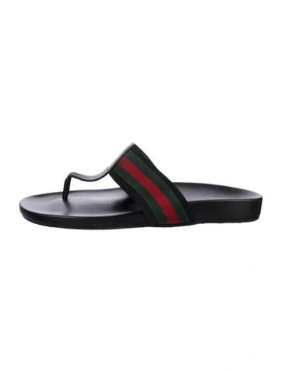 Pre-owned Gucci Web Accent Leather Flip Flops In Black