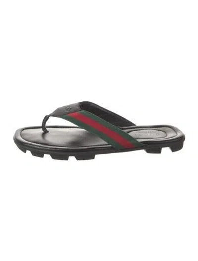 Pre-owned Gucci Web Accent Leather Flip Flops In Black