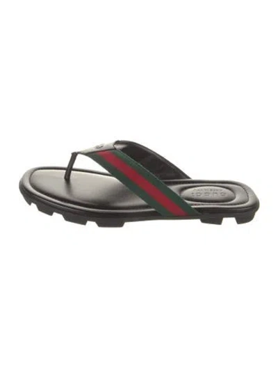 Pre-owned Gucci Web Accent Leather Flip Flops In Black