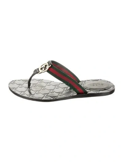 Pre-owned Gucci Web Accent Leather Flip Flops In Black