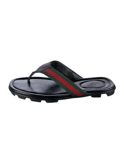 Pre-owned Gucci Web Accent Leather Flip Flops In Black