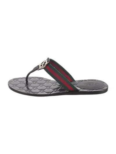 Pre-owned Gucci Web Accent Leather Flip Flops In Black