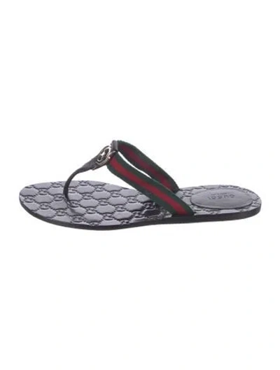 Pre-owned Gucci Web Accent Leather Flip Flops In Black