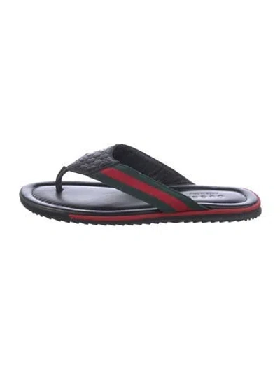 Pre-owned Gucci Web Accent Leather Flip Flops In Black