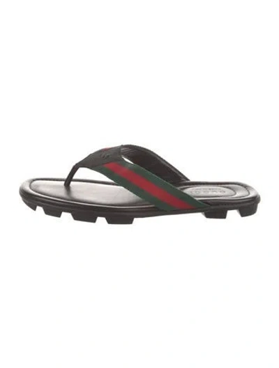Pre-owned Gucci Web Accent Leather Flip Flops In Black