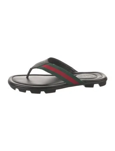 Pre-owned Gucci Web Accent Leather Flip Flops In Black