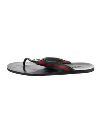 Pre-owned Gucci Web Accent Leather Flip Flops In Black