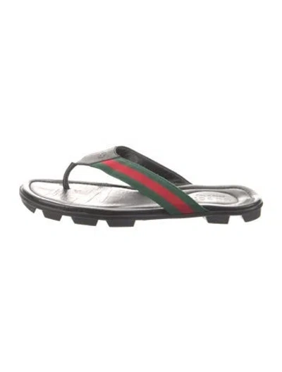 Pre-owned Gucci Web Accent Leather Flip Flops In Black
