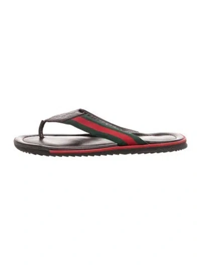 Pre-owned Gucci Web Accent Leather Flip Flops In Black