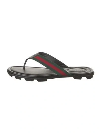 Pre-owned Gucci Web Accent Leather Flip Flops In Black