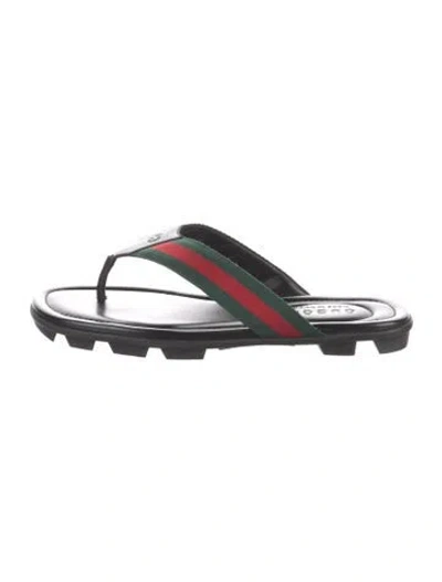 Pre-owned Gucci Web Accent Leather Flip Flops In Black
