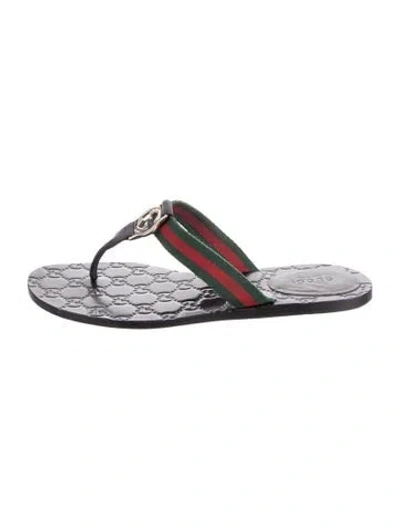 Pre-owned Gucci Web Accent Leather Flip Flops In Black
