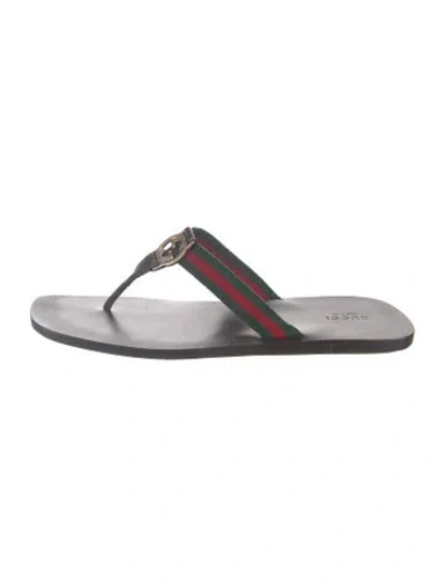 Pre-owned Gucci Web Accent Leather Flip Flops In Black