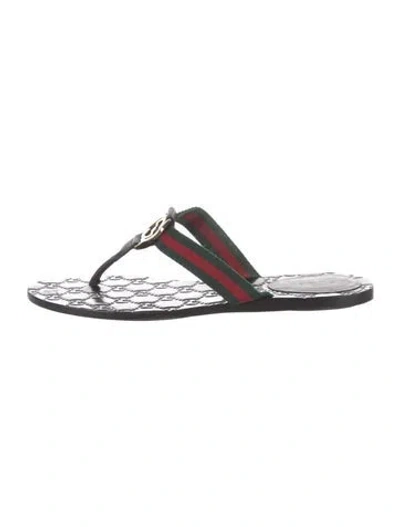 Pre-owned Gucci Web Accent Leather Flip Flops In Black