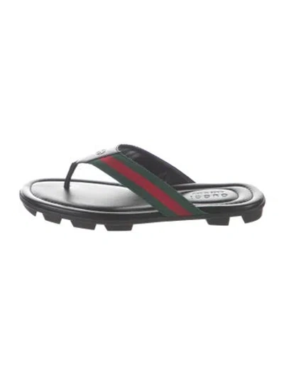 Pre-owned Gucci Web Accent Leather Flip Flops In Black