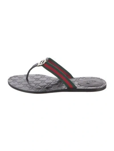 Pre-owned Gucci Web Accent Leather Flip Flops In Black