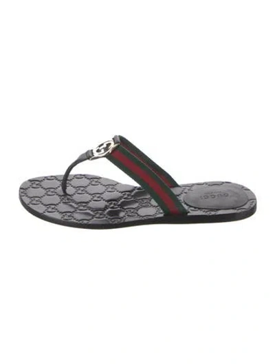 Pre-owned Gucci Web Accent Leather Flip Flops In Black