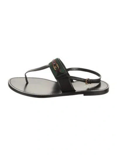 Pre-owned Gucci Web Accent Leather Flip Flops In Black