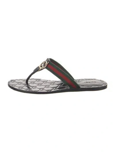 Pre-owned Gucci Web Accent Leather Flip Flops In Black