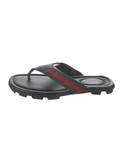 Pre-owned Gucci Web Accent Leather Flip Flops In Black