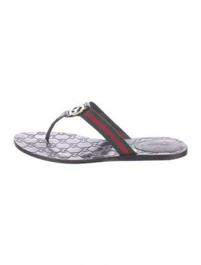Pre-owned Gucci Web Accent Leather Flip Flops In Black