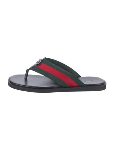 Pre-owned Gucci Web Accent Leather Flip Flops In Black/green