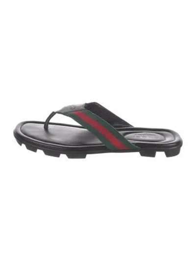 Pre-owned Gucci Web Accent Leather Flip Flops In Black/green