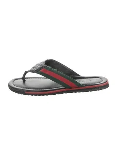 Pre-owned Gucci Web Accent Leather Flip Flops In Black/green