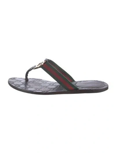Pre-owned Gucci Web Accent Leather Flip Flops In Black/green
