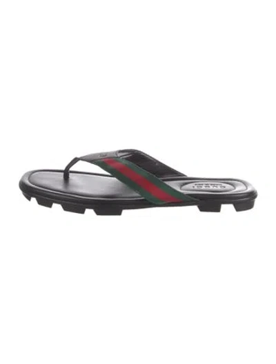 Pre-owned Gucci Web Accent Leather Flip Flops In Black/green