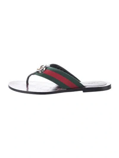 Pre-owned Gucci Web Accent Leather Flip Flops In Black/green