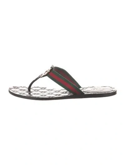 Pre-owned Gucci Web Accent Leather Flip Flops In Black/green/red