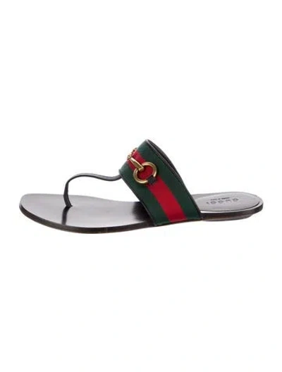 Pre-owned Gucci Web Accent Leather Flip Flops In Green