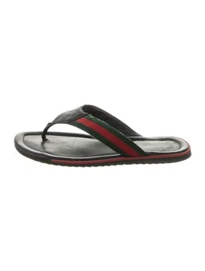 Pre-owned Gucci Web Accent Leather Flip Flops In Green